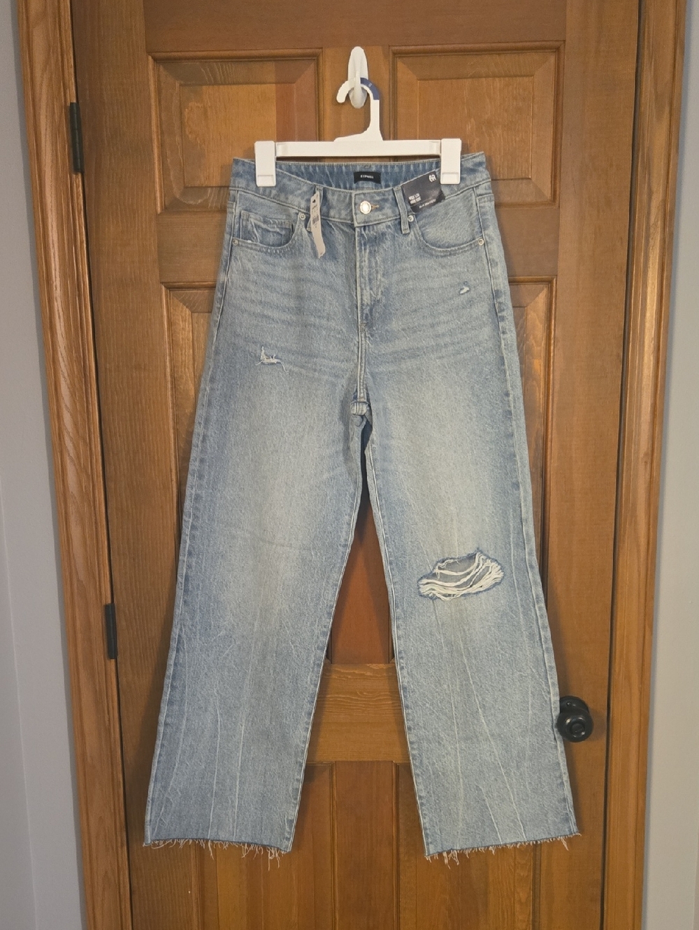 Express Light Blue Distressed Wide-Leg Jeans
